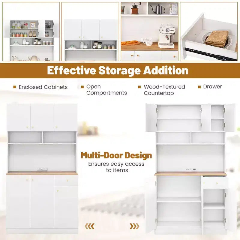 Costway 71 Tall Pantry Cabinet with Outlets USB Ports Anti-Tipping Kits Adjustable Shelves White