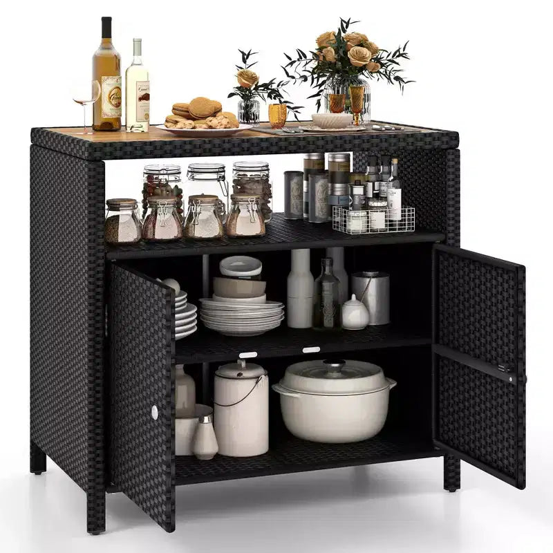 Costway Patio Rattan Storage Cabinet with Acacia Wood Countertop Open Shelf 2 Door Cabinet Black/Mix Brown