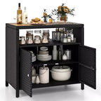 Costway Patio Rattan Storage Cabinet with Acacia Wood Countertop Open Shelf 2 Door Cabinet Black/Mix Brown