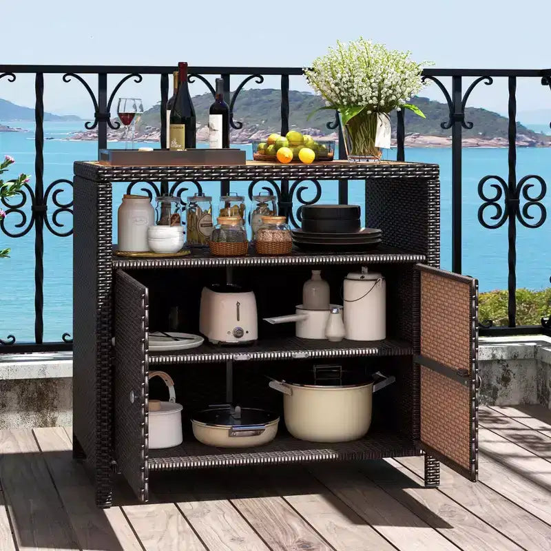 Costway Patio Rattan Storage Cabinet with Acacia Wood Countertop Open Shelf 2 Door Cabinet Black/Mix Brown