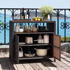 Costway Patio Rattan Storage Cabinet with Acacia Wood Countertop Open Shelf 2 Door Cabinet Black/Mix Brown