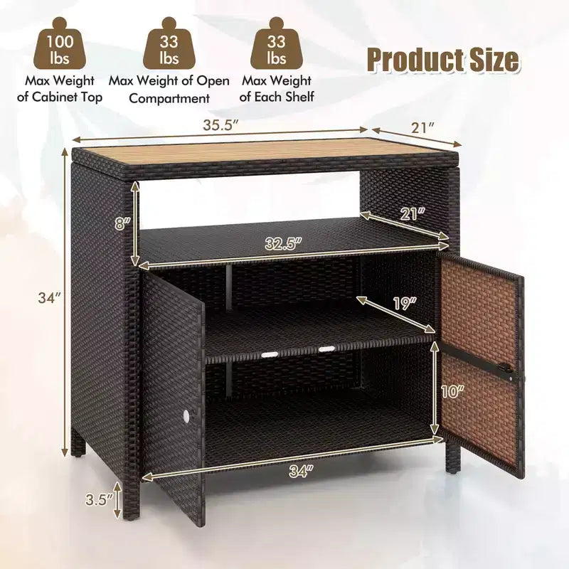 Costway Patio Rattan Storage Cabinet with Acacia Wood Countertop Open Shelf 2 Door Cabinet Black/Mix Brown