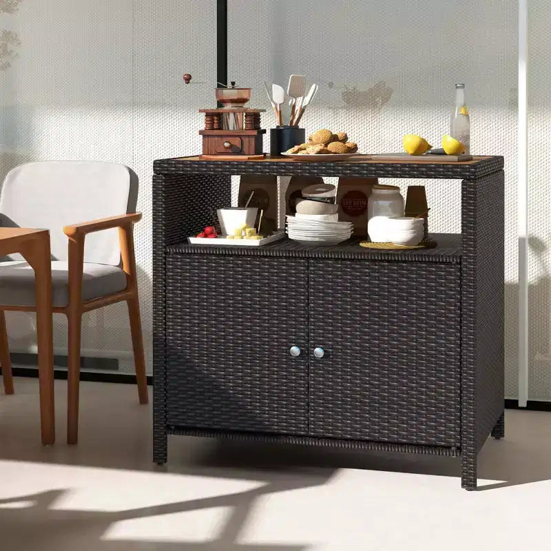 Costway Patio Rattan Storage Cabinet with Acacia Wood Countertop Open Shelf 2 Door Cabinet Black/Mix Brown