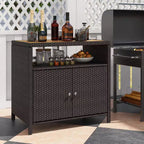 Costway Patio Rattan Storage Cabinet with Acacia Wood Countertop Open Shelf 2 Door Cabinet Black/Mix Brown