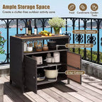 Costway Patio Rattan Storage Cabinet with Acacia Wood Countertop Open Shelf 2 Door Cabinet Black/Mix Brown