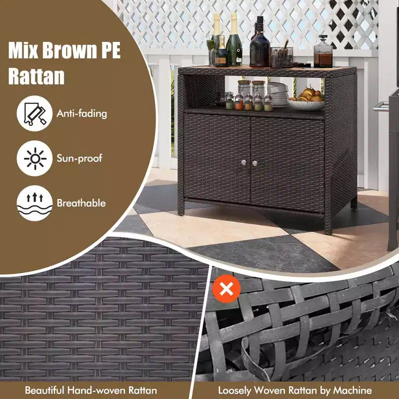 Costway Patio Rattan Storage Cabinet with Acacia Wood Countertop Open Shelf 2 Door Cabinet Black/Mix Brown