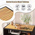 Costway Patio Rattan Storage Cabinet with Acacia Wood Countertop Open Shelf 2 Door Cabinet Black/Mix Brown