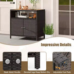 Costway Patio Rattan Storage Cabinet with Acacia Wood Countertop Open Shelf 2 Door Cabinet Black/Mix Brown