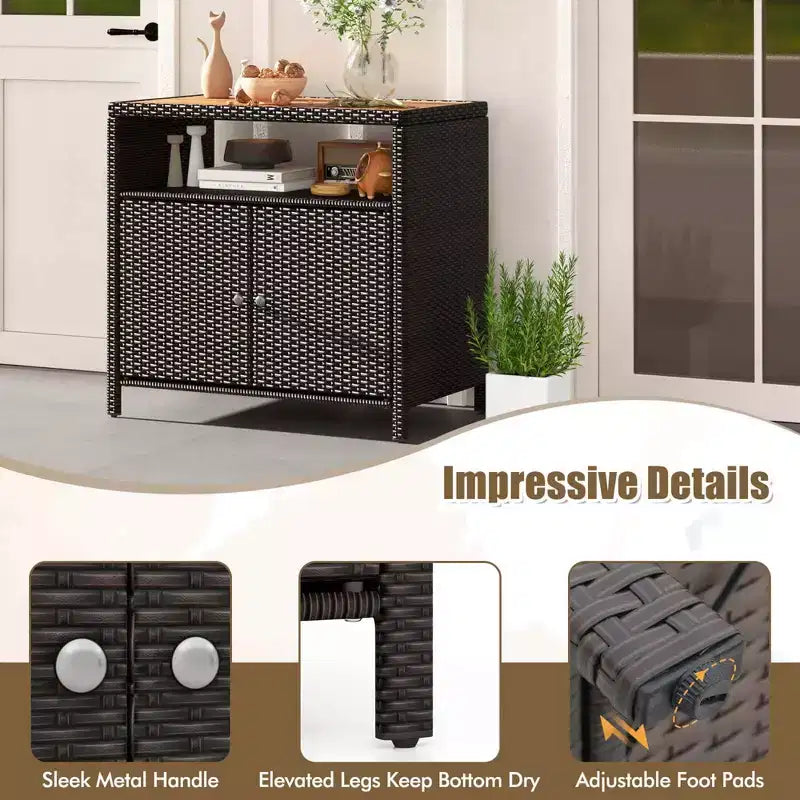 Costway Patio Rattan Storage Cabinet with Acacia Wood Countertop Open Shelf 2 Door Cabinet Black/Mix Brown