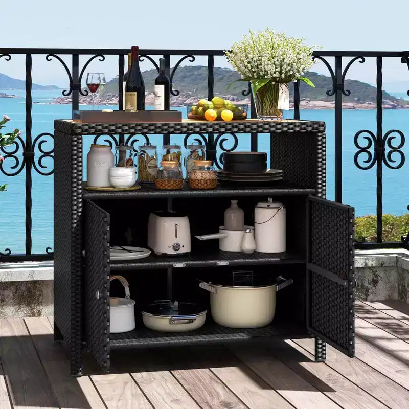 Costway Patio Rattan Storage Cabinet with Acacia Wood Countertop Open Shelf 2 Door Cabinet Black/Mix Brown