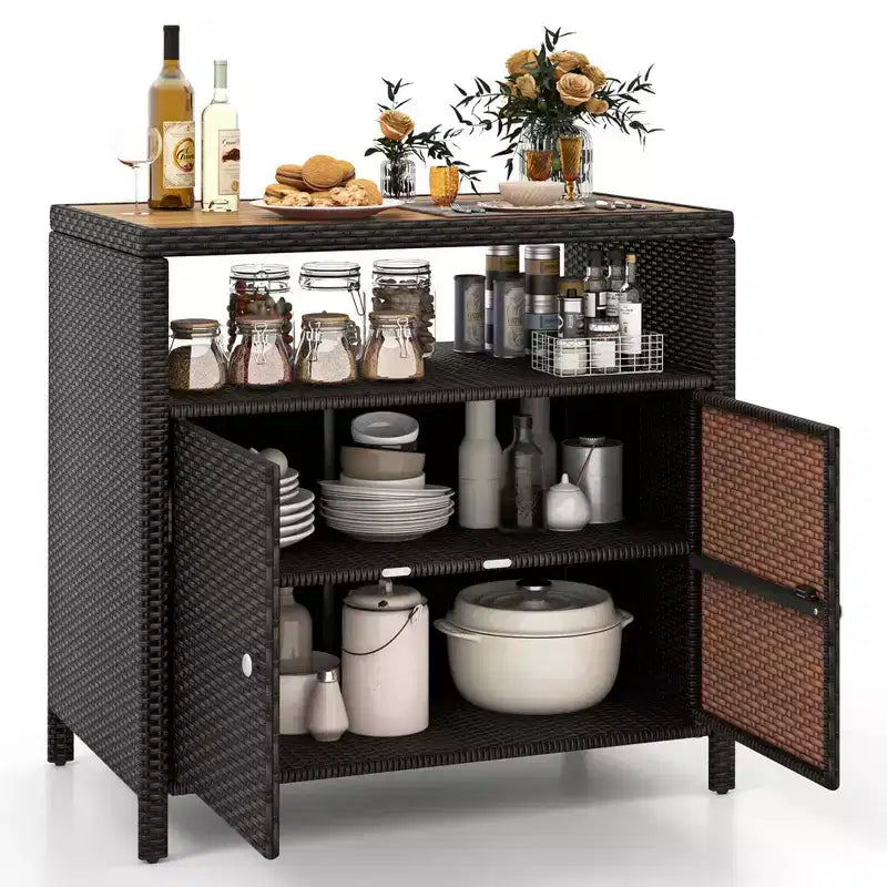 Costway Patio Rattan Storage Cabinet with Acacia Wood Countertop Open Shelf 2 Door Cabinet Black/Mix Brown