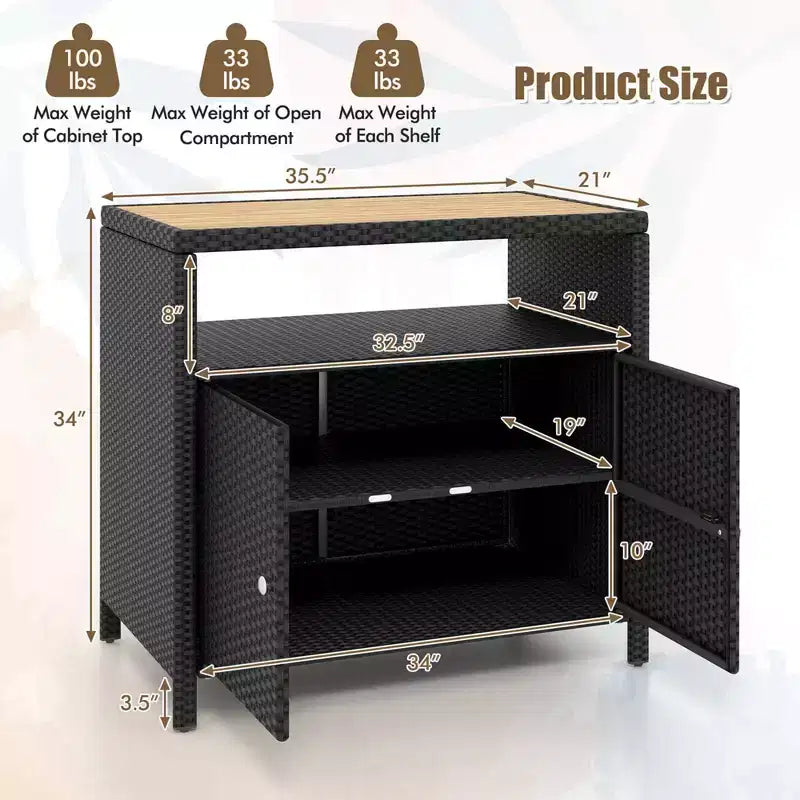 Costway Patio Rattan Storage Cabinet with Acacia Wood Countertop Open Shelf 2 Door Cabinet Black/Mix Brown