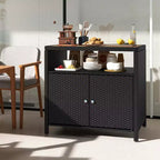 Costway Patio Rattan Storage Cabinet with Acacia Wood Countertop Open Shelf 2 Door Cabinet Black/Mix Brown