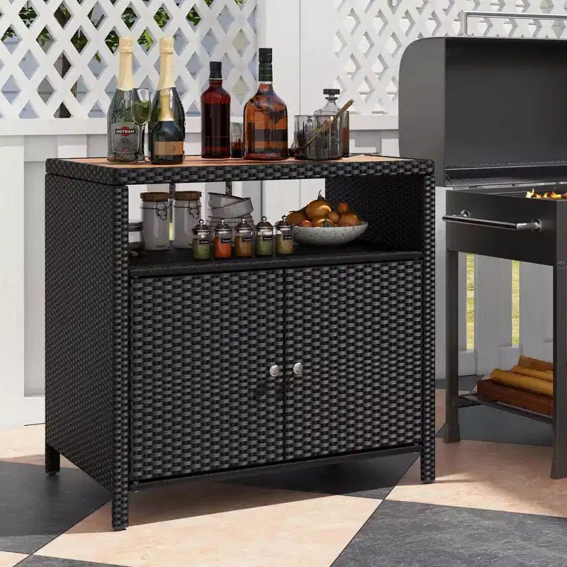Costway Patio Rattan Storage Cabinet with Acacia Wood Countertop Open Shelf 2 Door Cabinet Black/Mix Brown