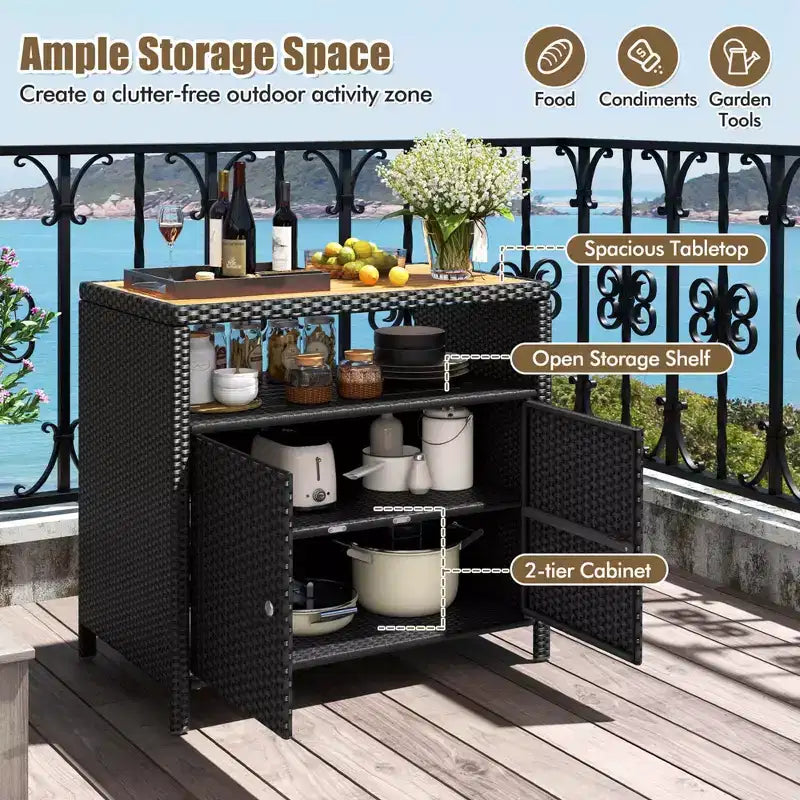 Costway Patio Rattan Storage Cabinet with Acacia Wood Countertop Open Shelf 2 Door Cabinet Black/Mix Brown