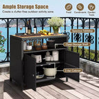 Costway Patio Rattan Storage Cabinet with Acacia Wood Countertop Open Shelf 2 Door Cabinet Black/Mix Brown