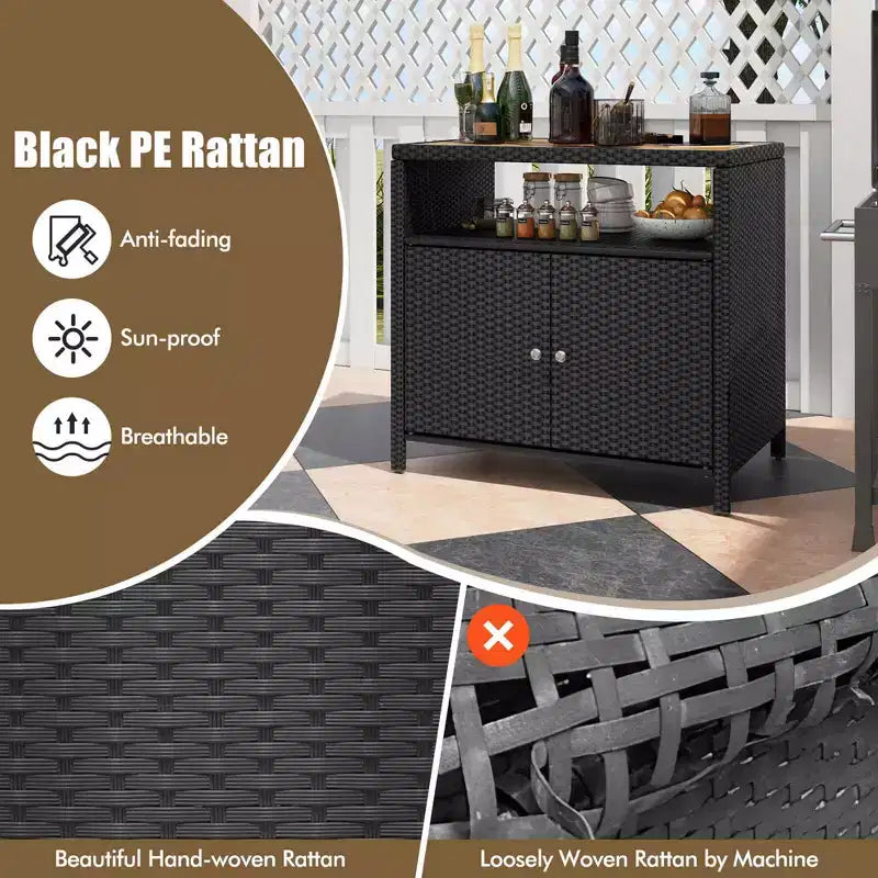 Costway Patio Rattan Storage Cabinet with Acacia Wood Countertop Open Shelf 2 Door Cabinet Black/Mix Brown
