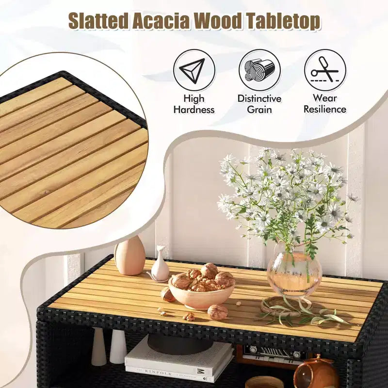 Costway Patio Rattan Storage Cabinet with Acacia Wood Countertop Open Shelf 2 Door Cabinet Black/Mix Brown