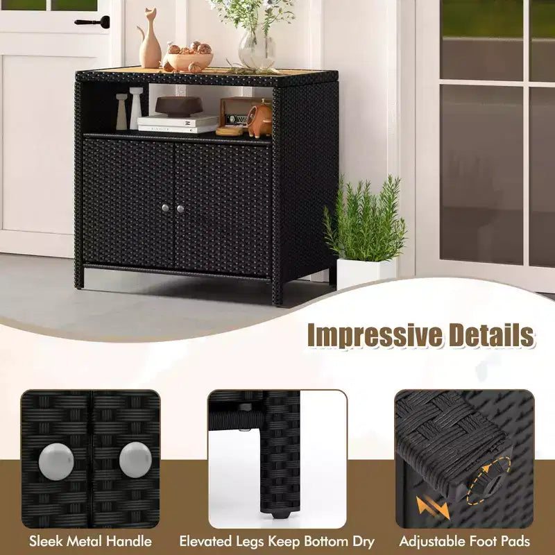 Costway Patio Rattan Storage Cabinet with Acacia Wood Countertop Open Shelf 2 Door Cabinet Black/Mix Brown