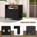 Costway Patio Rattan Storage Cabinet with Acacia Wood Countertop Open Shelf 2 Door Cabinet Black/Mix Brown