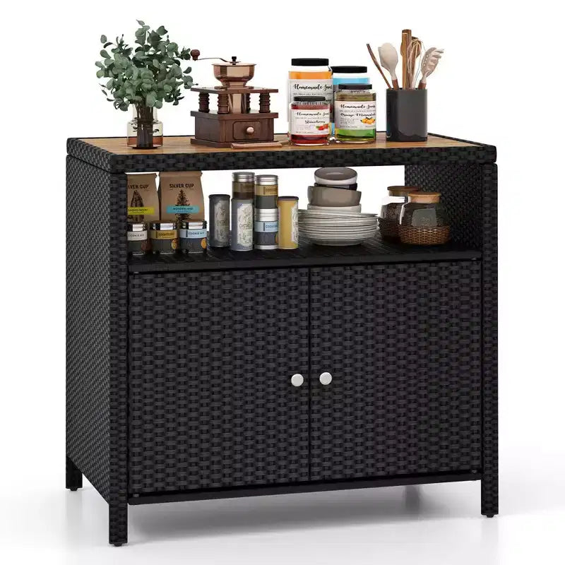 Costway Patio Rattan Storage Cabinet with Acacia Wood Countertop Open Shelf 2 Door Cabinet Black/Mix Brown