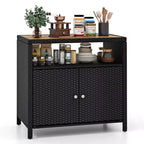 Costway Patio Rattan Storage Cabinet with Acacia Wood Countertop Open Shelf 2 Door Cabinet Black/Mix Brown
