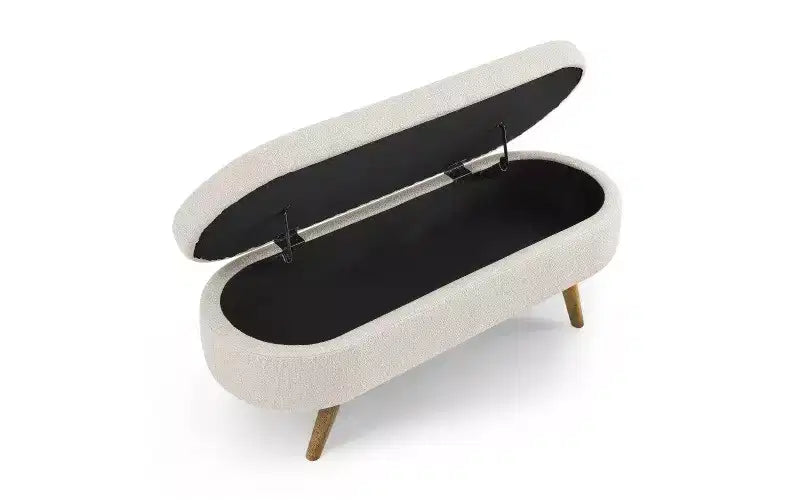 Oval Linen Storage Bench with Rubber Wood Legs For Entryway Living Room Bedroom End of Bed, Beige/White/Gray 43.5*16*16in