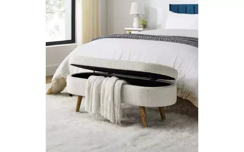 Oval Linen Storage Bench with Rubber Wood Legs For Entryway Living Room Bedroom End of Bed, Beige/White/Gray 43.5*16*16in