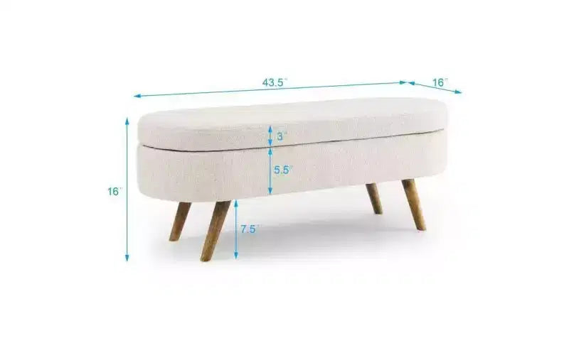 Oval Linen Storage Bench with Rubber Wood Legs For Entryway Living Room Bedroom End of Bed, Beige/White/Gray 43.5*16*16in