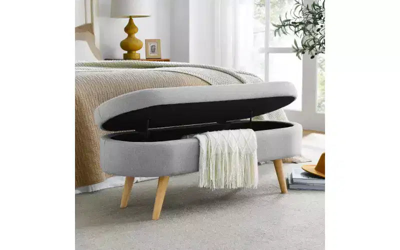 Oval Linen Storage Bench with Rubber Wood Legs For Entryway Living Room Bedroom End of Bed, Beige/White/Gray 43.5*16*16in