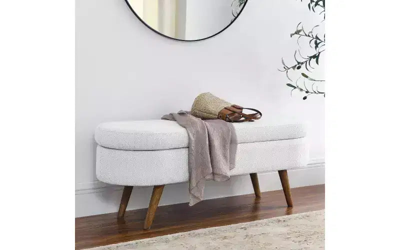 Oval Linen Storage Bench with Rubber Wood Legs For Entryway Living Room Bedroom End of Bed, Beige/White/Gray 43.5*16*16in