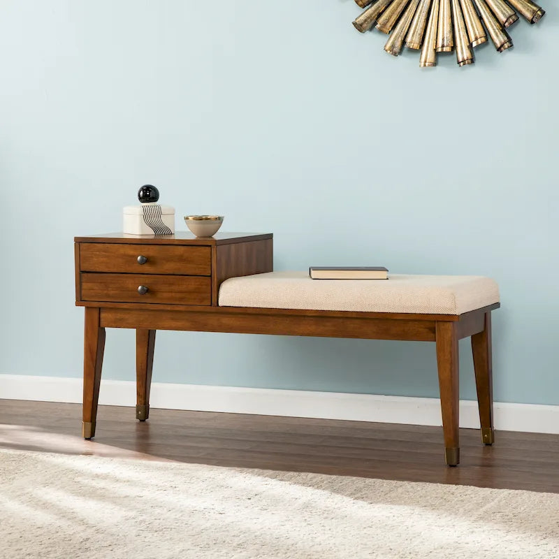 Banc de rangement rembourré Mid-Century Modern, fini Sienne foncé, coussin ivoire
