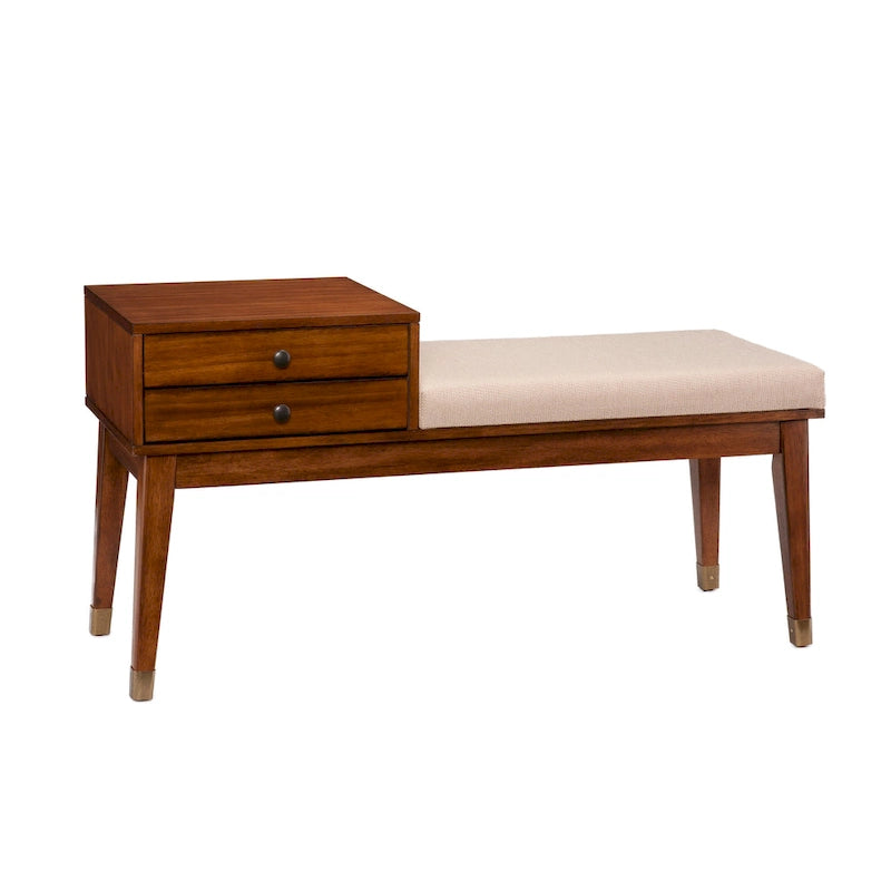 Banc de rangement rembourré Mid-Century Modern, fini Sienne foncé, coussin ivoire