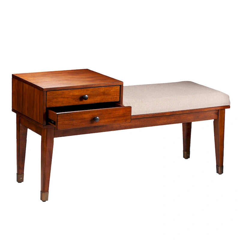 Banc de rangement rembourré Mid-Century Modern, fini Sienne foncé, coussin ivoire