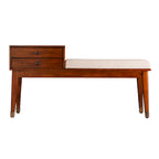 Banc de rangement rembourré Mid-Century Modern, fini Sienne foncé, coussin ivoire