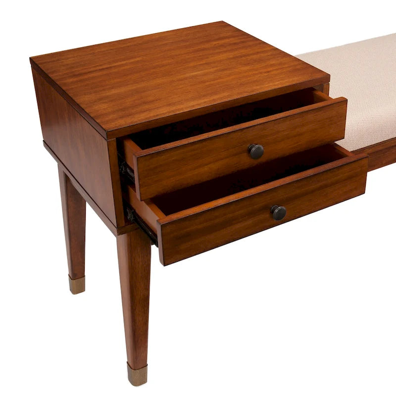 Banc de rangement rembourré Mid-Century Modern, fini Sienne foncé, coussin ivoire