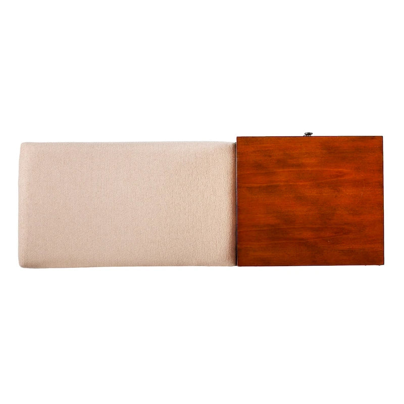 Banc de rangement rembourré Mid-Century Modern, fini Sienne foncé, coussin ivoire