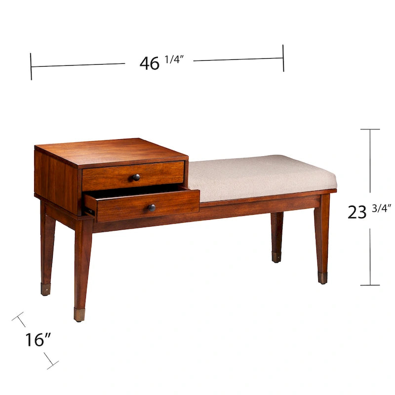 Banc de rangement rembourré Mid-Century Modern, fini Sienne foncé, coussin ivoire