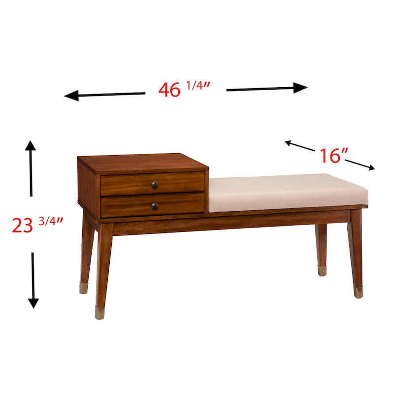 Banc de rangement rembourré Mid-Century Modern, fini Sienne foncé, coussin ivoire