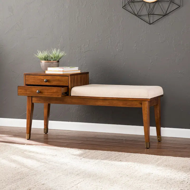 Banc de rangement rembourré Mid-Century Modern, fini Sienne foncé, coussin ivoire