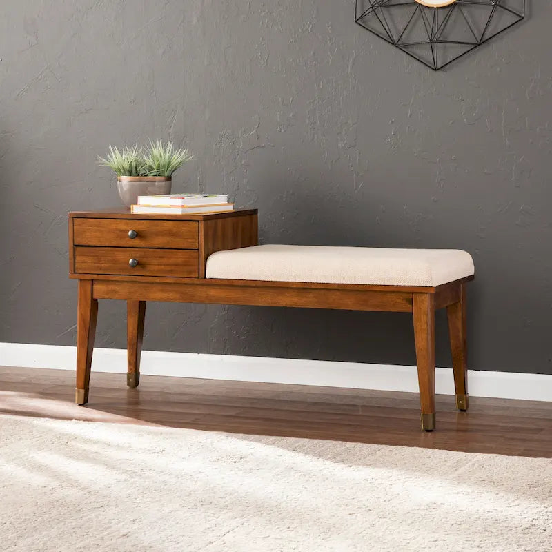 Banc de rangement rembourré Mid-Century Modern, fini Sienne foncé, coussin ivoire