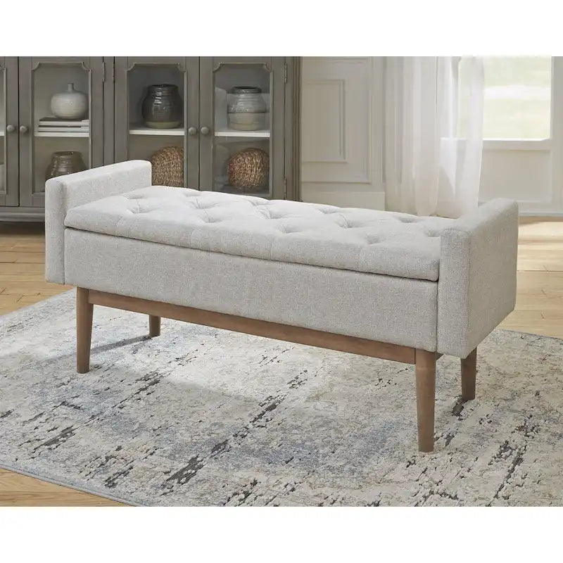 Banc de rangement capitonné contemporain de 127 cm de largeur, beige/marron, siège à charnière, pieds en bois
