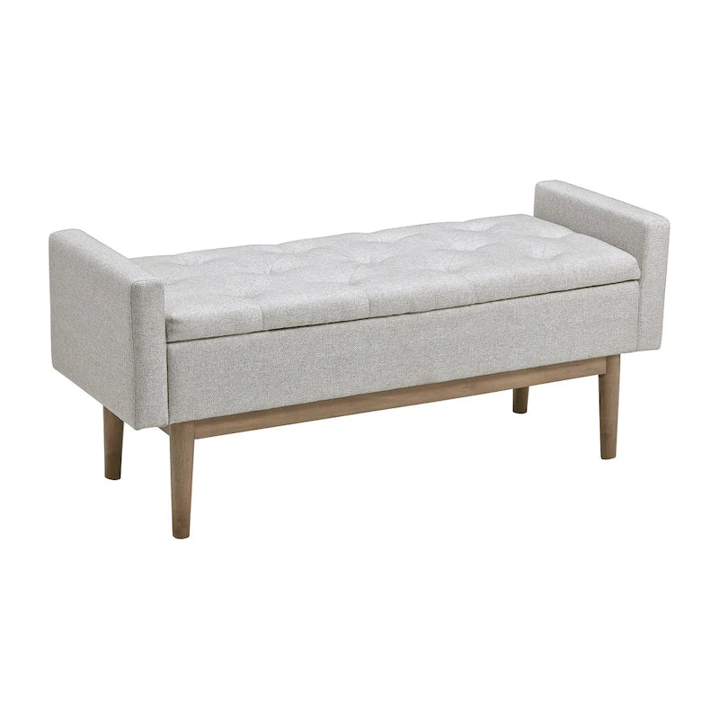 Banc de rangement capitonné contemporain de 127 cm de largeur, beige/marron, siège à charnière, pieds en bois