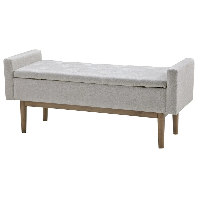 Banc de rangement capitonné contemporain de 127 cm de largeur, beige/marron, siège à charnière, pieds en bois