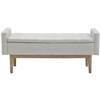 Banc de rangement capitonné contemporain de 127 cm de largeur, beige/marron, siège à charnière, pieds en bois