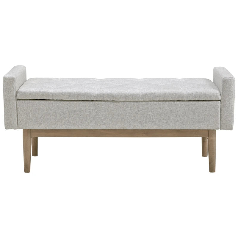 Banc de rangement capitonné contemporain de 127 cm de largeur, beige/marron, siège à charnière, pieds en bois