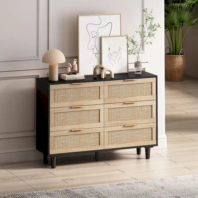 6 Drawers Rattan Storage Cabinet Rattan Drawer,for Bedroom,Living Room,Wood Color