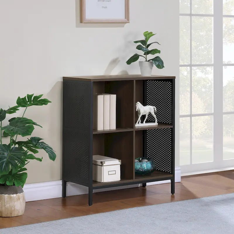 Bibliothèque de rangement 4 cubes de 29 po de largeur, conception industrielle en bois et métal, 15 lb par cube, 3 finitions