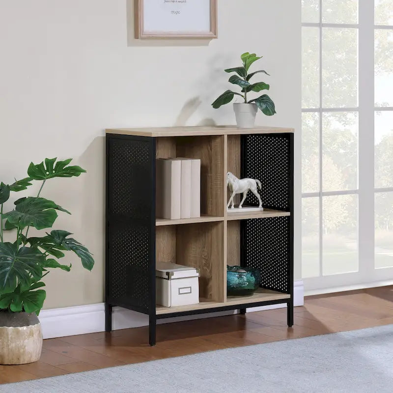 Bibliothèque de rangement 4 cubes de 29 po de largeur, conception industrielle en bois et métal, 15 lb par cube, 3 finitions