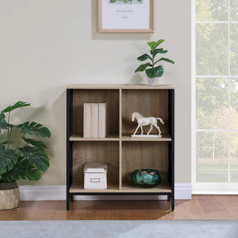 Bibliothèque de rangement 4 cubes de 29 po de largeur, conception industrielle en bois et métal, 15 lb par cube, 3 finitions